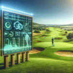 Oversiktsbilde av en golfbane med leaderboard og statistikkgrafikk i forgrunnen, moderne og profesjonelt uttrykk