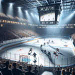 Energisk ishockeykamp i en moderne arena, spillere i aksjon, publikum på tribunen, overlagte live-statistikker og scoreboard, dramatisk belysning