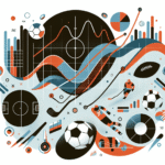Illustrasjon av sportsstatistikk: grafikk med kurver, heatmaps og sportselementer (fotball, hockey, golf) i moderne, nordisk fargeskjema