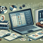Illustrasjon av oddsstrategi: bøker, statistikkdiagrammer og en laptop med odds-tabell, rolig fargetone, moderne og profesjonell