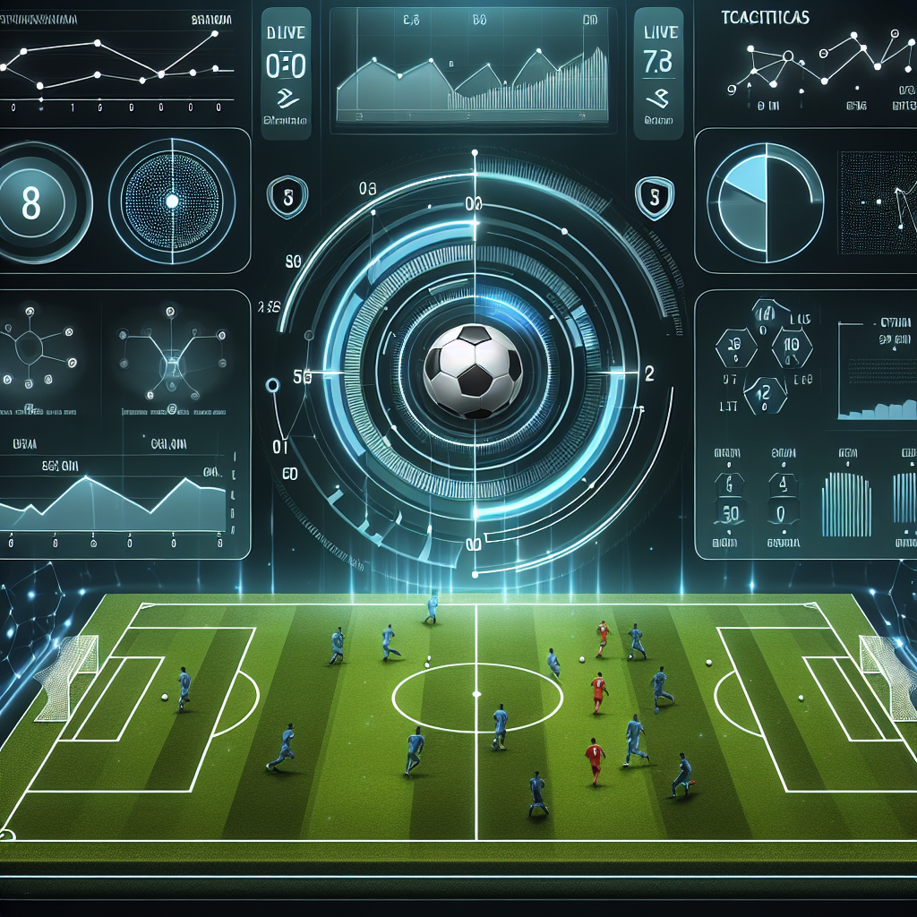 Illustrasjon av en fotballskjerm med live-resultater, statistikkgrafer og taktikkdiagrammer i moderne, klar stil