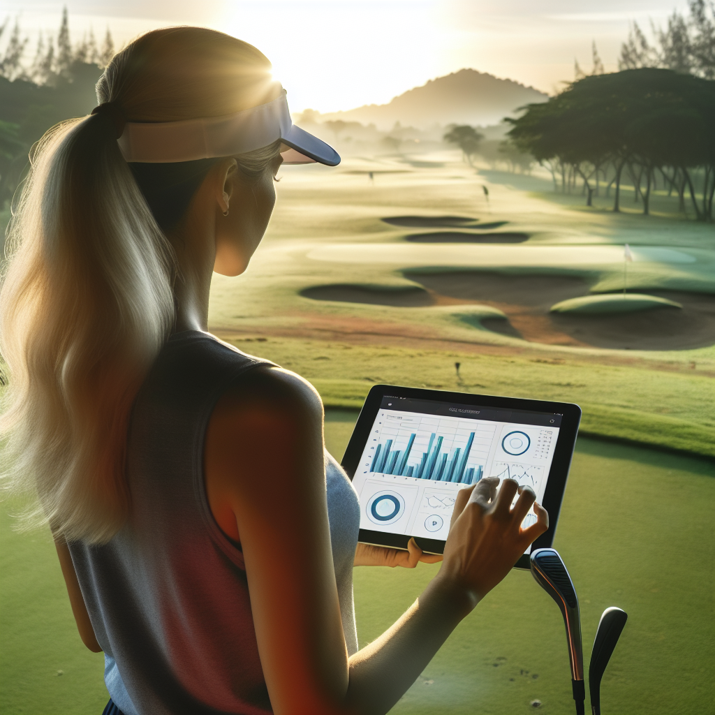 En golfspiller som studerer statistikk på et nettbrett ved tee, med golfbane i bakgrunnen og grafer synlige på skjermen, lyst morgenlys