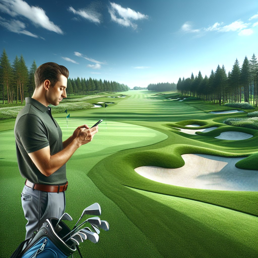 Modernt foto av en golfspiller som sjekker live-score på mobil ved en vakker golfbane, klar himmel, detaljert, høykvalitet