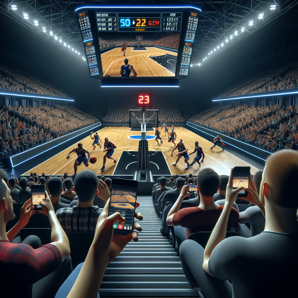 Fotorealistisk bilde av en basketballkamp sett fra tribunens perspektiv med digitale statistikk-overlays på skjermen og fans som følger live-score på mobil