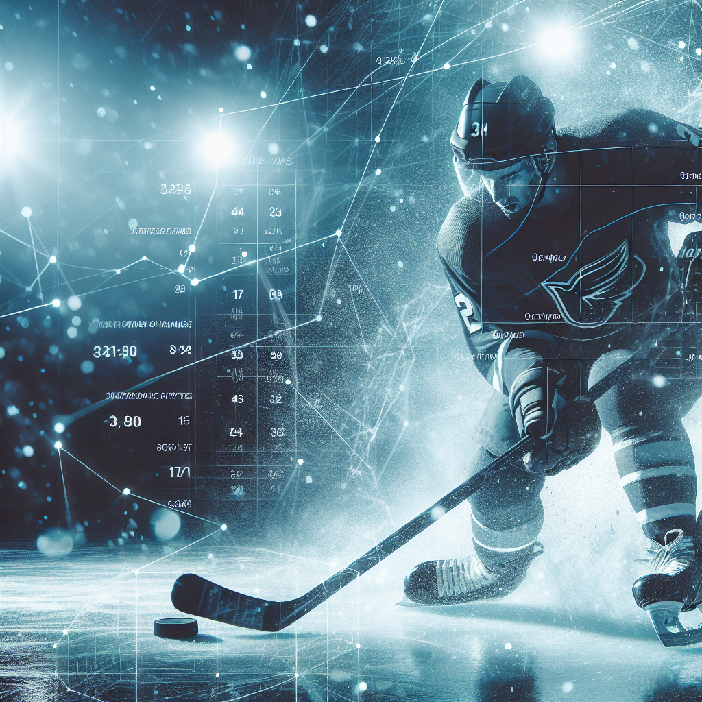 Dramatisk ishockeyscene, nærbilde av spiller som scorer mål med statistikk-grafikk og tall delikat overlagt, kald blå fargetone