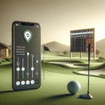 Oversiktsbilde av en golfbane med leaderboard i forgrunnen, mobilapp som viser live scoring, nøytral lyssetting, moderne stil, høy oppløsning