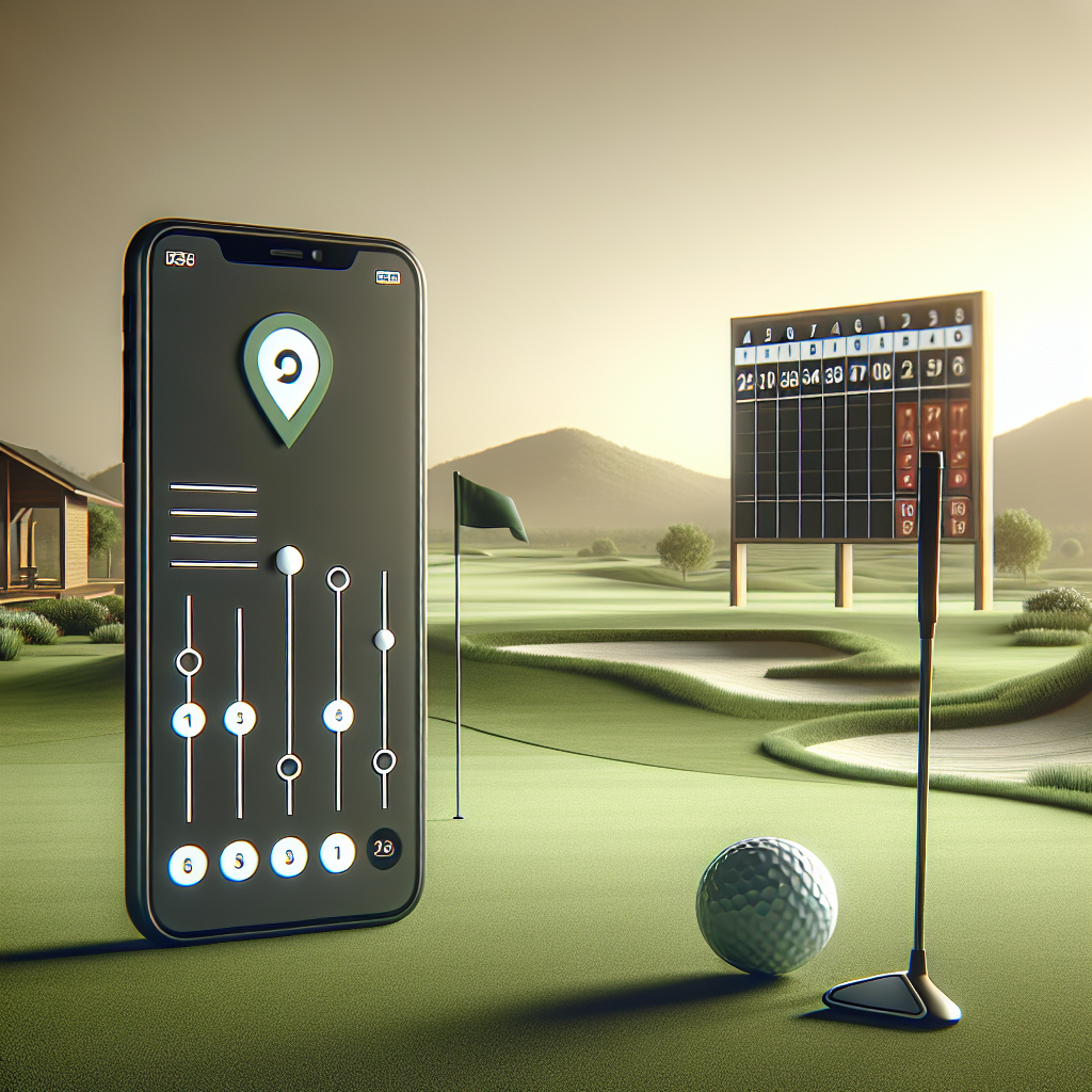 Oversiktsbilde av en golfbane med leaderboard i forgrunnen, mobilapp som viser live scoring, nøytral lyssetting, moderne stil, høy oppløsning