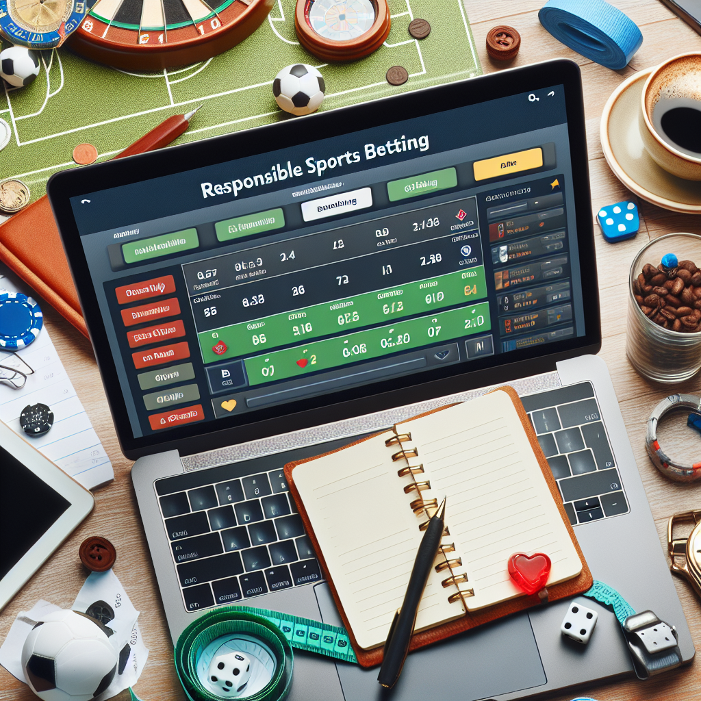 Oversiktsbilde av en ansvarlig oddsbetting-scene: laptop med oddsoversikt, notatblokk, kaffekopp, og sportseffekter i bakgrunnen, klar og moderne stil